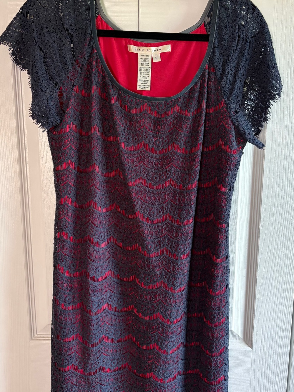 Max Studio Navy Lace Overlay Tunic with Red Lining